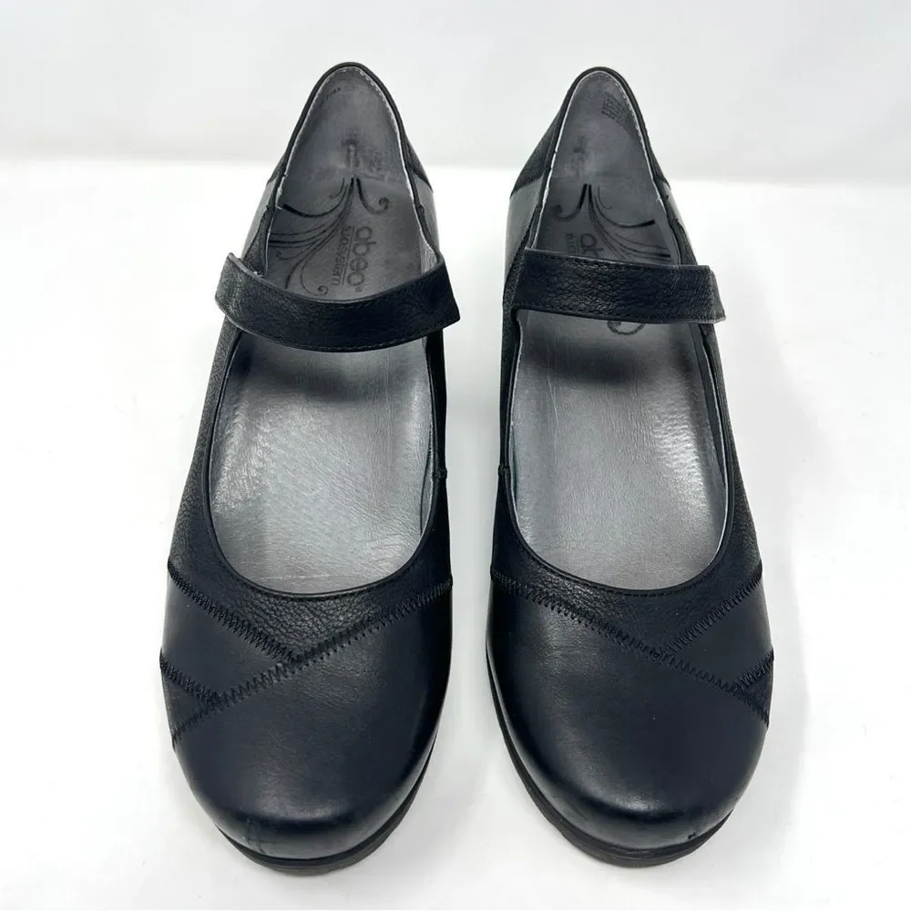 ABEO BIO System Ginger Mary Jane Black Leather Wedges Hook & Loop Closure 8.5N